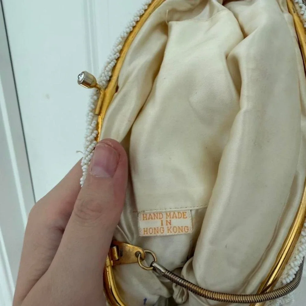 Vintage Handmade Hong Kong White Beaded Evening Bag